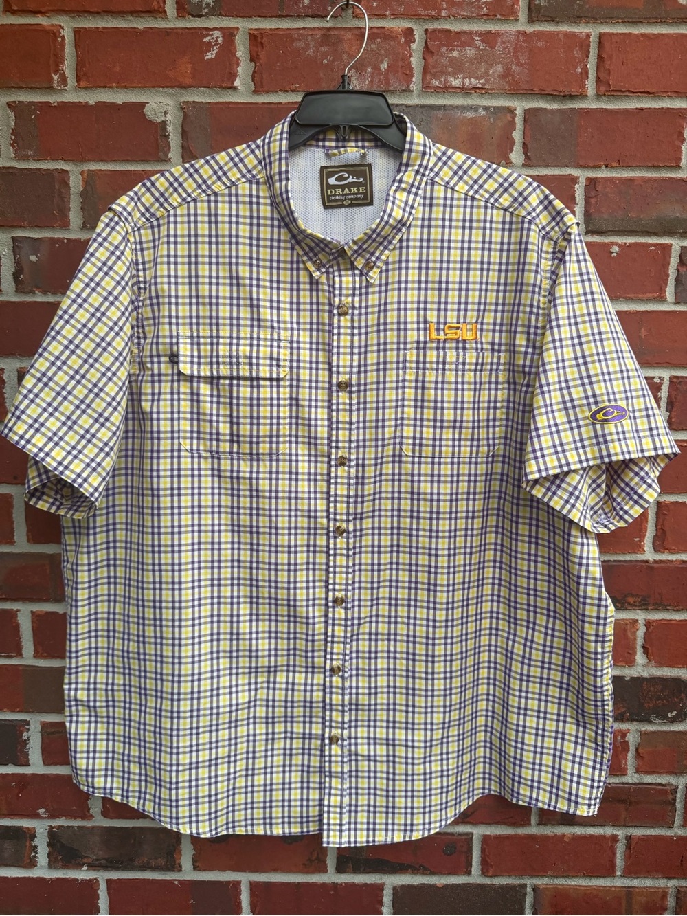 Drake LSU Tigers Purple & Gold Plaid Short-Sleeve Button-Down Vented Shirt F9